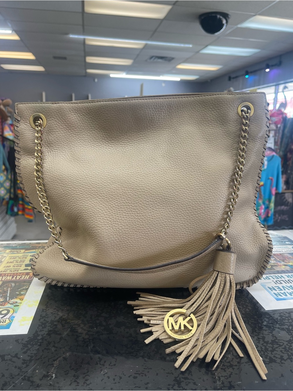 Michael Kors Taupe Pebbled Leather Shoulder Bag with Tassel